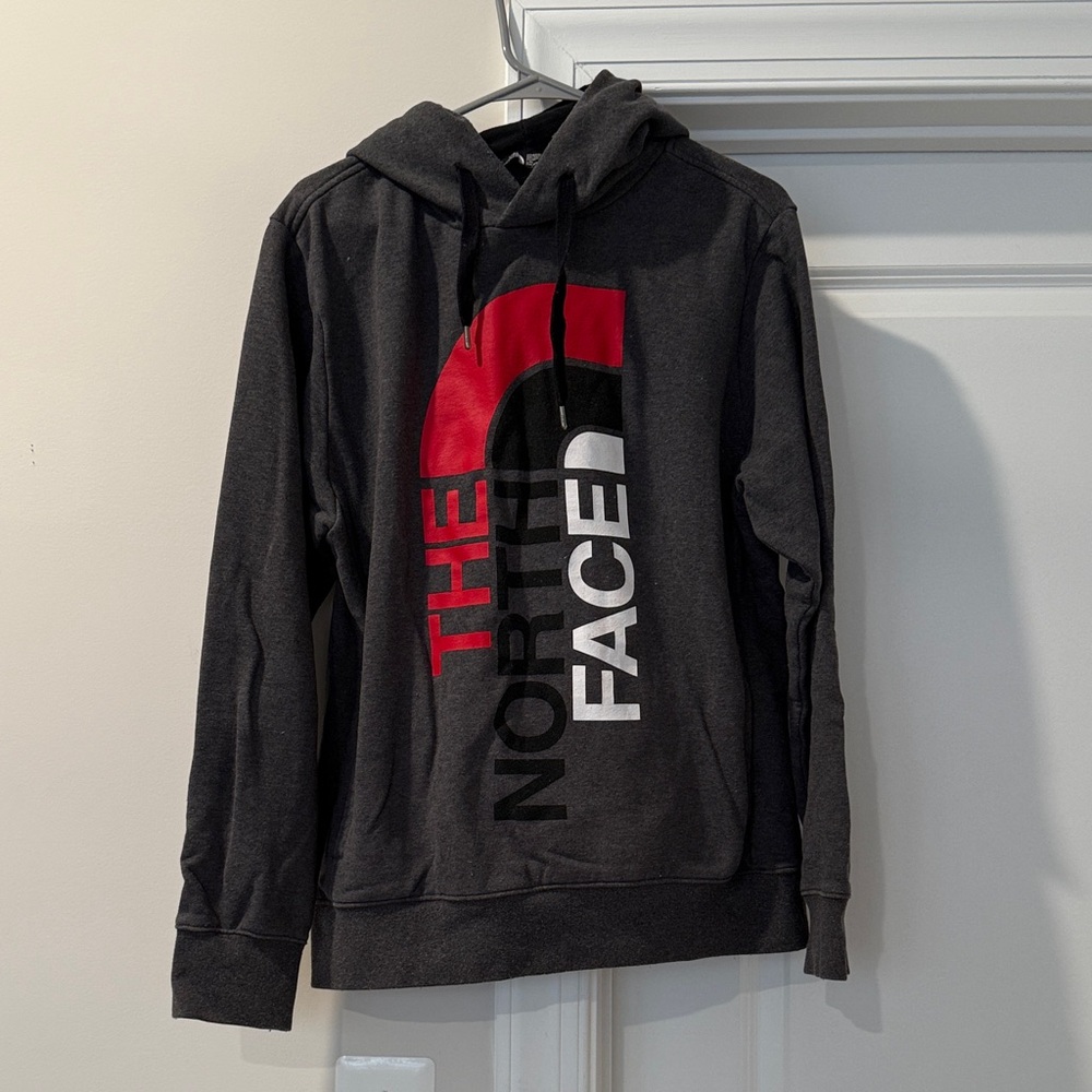 The North Face Men's Charcoal Hoodie with Red and White Logo